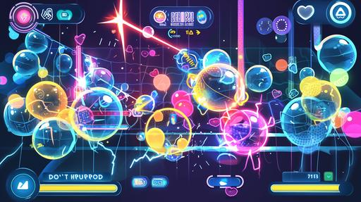 Envision a screenshot from a captivating mobile game titled Don't Hyperpop the Bubbles, designed for both Android and iPhone platforms. This game combines the addictive simplicity of bubble-popping puzzles with the flamboyant aesthetics of hyperpop culture, creating an immersive and visually striking gameplay experience. The screenshot showcases a vibrant game interface filled with bubbles of various neon colors, each pulsating lightly to a dynamic hyperpop soundtrack. The game's background is a dazzling gradient of neon pinks, blues, and purples, simulating the depth and movement of a digital ocean. Floating amidst this ocean are special bubbles adorned with hyperpop iconography, including lightning bolts, hearts, and stars, which players must avoid popping to advance through the levels. At the top of the screen, a digital scoreboard glows in a futuristic font, displaying the player's current score and the high scores to beat. Along the bottom, a toolbar features whimsical power-ups and tools, such as a Time Freeze ray gun and a Color Splash bomb, each designed with exaggerated hyperpop flair. Strategically placed throughout the gameplay area are obstacles and challenges, like moving platforms and rotating barriers, rendered in holographic textures that blend seamlessly with the game's aesthetic. Pop-up messages and tips appear in speech bubbles with a glitchy, digital effect, offering guidance with a touch of humor. Interactive elements, such as swipe-to-move controls and tap-to-activate power-ups, are highlighted with animated rings and sparkles, guiding players through the game's mechanics. A countdown timer adds urgency to the gameplay, ticking down with each level's increasing difficulty. This Don't Hyperpop the Bubbles screenshot captures the essence of [...]