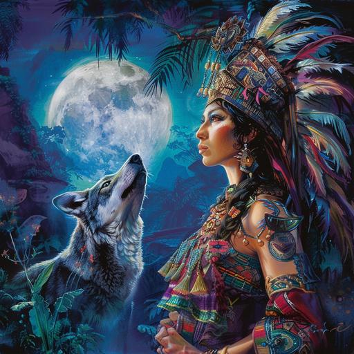 Envision a serene night scene under the enchantment of a luminous full moon, casting its soft glow over an ancient Aztec landscape. At the heart of this mystical setting stands a beautiful Aztec woman, portrayed with an air of elegance and strength. Her attire is rich with traditional Aztec motifs, intricate patterns, and jewelry that reflect her cultural heritage, all rendered in realistic detail to highlight her beauty and the craftsmanship of Aztec design. Her expression is one of serene wisdom, connecting with the sacred night around her. The woman is positioned so that the full moon illuminates her figure, creating a mesmerizing contrast of light and shadow across her face and the folds of her traditional garments. Dark, rich colors dominate the scene--midnight blues, deep purples, and hints of emerald green, setting a mysterious and captivating mood. Behind her, the silhouette of a lone wolf emerges from the shadowy foliage, its head tilted upwards as it howls to the moon. This moment captures a spiritual bond between the woman and the natural world, symbolizing strength, guidance, and the connection to ancestral roots. The wolf's howl, while not audible, is palpable, adding a layer of depth to the night's ambiance. The entire scene is rendered in a style that merges realism with impressionistic touches, particularly in the rendering of the moon's glow on the natural surroundings and the ethereal quality of the night sky. The artist should focus on capturing the detailed realism of the woman and wolf, while allowing the background to blend into more abstract, impressionistic strokes that suggest the mysterious beauty of the Aztec night rather than delineating every detail, vector format