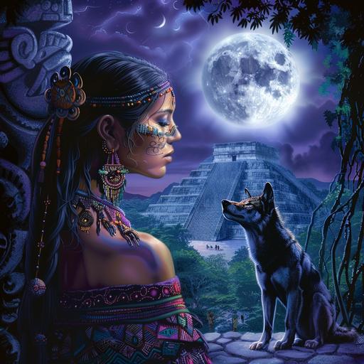 Envision a serene night scene under the enchantment of a luminous full moon, casting its soft glow over an ancient Aztec landscape. At the heart of this mystical setting stands a beautiful Aztec woman, portrayed with an air of elegance and strength. Her attire is rich with traditional Aztec motifs, intricate patterns, and jewelry that reflect her cultural heritage, all rendered in realistic detail to highlight her beauty and the craftsmanship of Aztec design. Her expression is one of serene wisdom, connecting with the sacred night around her. The woman is positioned so that the full moon illuminates her figure, creating a mesmerizing contrast of light and shadow across her face and the folds of her traditional garments. Dark, rich colors dominate the scene--midnight blues, deep purples, and hints of emerald green, setting a mysterious and captivating mood. Behind her, the silhouette of a lone wolf emerges from the shadowy foliage, its head tilted upwards as it howls to the moon. This moment captures a spiritual bond between the woman and the natural world, symbolizing strength, guidance, and the connection to ancestral roots. The wolf's howl, while not audible, is palpable, adding a layer of depth to the night's ambiance. The entire scene is rendered in a style that merges realism with impressionistic touches, particularly in the rendering of the moon's glow on the natural surroundings and the ethereal quality of the night sky. The artist should focus on capturing the detailed realism of the woman and wolf, while allowing the background to blend into more abstract, impressionistic strokes that suggest the mysterious beauty of the Aztec night rather than delineating every detail, vector format