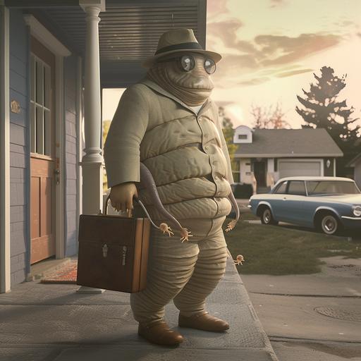 Envision a unique and imaginative scene set in the 1950s, featuring a door-to-door vacuum cleaner salesman. However, this is no ordinary salesman; he is a tardigrade, magnified to human size and observed/viewed through an electron microscope. This creative twist combines the nostalgic charm of mid-century Americana with the fascinating world of microscopic life. The tardigrade salesman, wearing a classic 1950s salesman outfit complete with a fedora and a briefcase, stands at the doorstep of a suburban home. His suit is meticulously tailored to fit his unique body shape, accommodating his eight legs and segmented body, all while maintaining an air of professionalism and charm typical of the era's door-to-door salesmen. In one of his many hands, he holds a vacuum cleaner, styled to resemble the iconic models of the 1950s but with a futuristic twist that hints at the tardigrade's extraordinary resilience and capabilities. The vacuum cleaner could even bear microscopic-inspired designs, echoing the tardigrade's own natural patterns and textures as seen under an electron microscope. The background features a quaint 1950s suburban street, with other homes visible in the distance and a classic car parked in the driveway. The setting sun casts long shadows, adding to the nostalgic atmosphere, while neighbors peek curiously from behind curtains, intrigued by the unusual visitor. Despite his alien appearance, the tardigrade salesman exudes confidence and friendliness, ready to demonstrate the latest in vacuum technology to the unsuspecting homeowner who has just opened the door. The homeowner's expression is a mix of surprise and curiosity, setting the stage for a humorous and whimsical interaction. This image not only serves as a playful exploration of life from a [...]