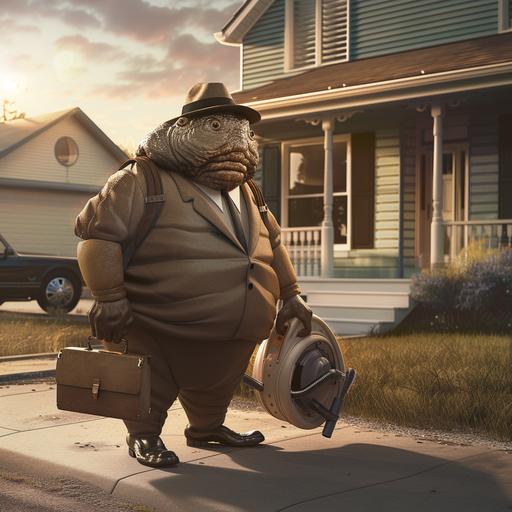 Envision a unique and imaginative scene set in the 1950s, featuring a door-to-door vacuum cleaner salesman. However, this is no ordinary salesman; he is a tardigrade, magnified to human size and observed/viewed through an electron microscope. This creative twist combines the nostalgic charm of mid-century Americana with the fascinating world of microscopic life. The tardigrade salesman, wearing a classic 1950s salesman outfit complete with a fedora and a briefcase, stands at the doorstep of a suburban home. His suit is meticulously tailored to fit his unique body shape, accommodating his eight legs and segmented body, all while maintaining an air of professionalism and charm typical of the era's door-to-door salesmen. In one of his many hands, he holds a vacuum cleaner, styled to resemble the iconic models of the 1950s but with a futuristic twist that hints at the tardigrade's extraordinary resilience and capabilities. The vacuum cleaner could even bear microscopic-inspired designs, echoing the tardigrade's own natural patterns and textures as seen under an electron microscope. The background features a quaint 1950s suburban street, with other homes visible in the distance and a classic car parked in the driveway. The setting sun casts long shadows, adding to the nostalgic atmosphere, while neighbors peek curiously from behind curtains, intrigued by the unusual visitor. Despite his alien appearance, the tardigrade salesman exudes confidence and friendliness, ready to demonstrate the latest in vacuum technology to the unsuspecting homeowner who has just opened the door. The homeowner's expression is a mix of surprise and curiosity, setting the stage for a humorous and whimsical interaction. This image not only serves as a playful exploration of life from a [...]