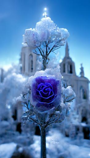 Epic composition,Tall crystal magic of the blue rose church garden, frozen blue rose bushes, frozen blue rose, Scattered Roses, Snow, Rose Trail, Blizzard style art station trends, Magical Light Mist, Tree Cloud, snow, winter, movies, tree clouds, crystals, ice everywhere, frozen,purple roses in ice, frozen blue roses, octane rendering, Ultra wide angle lens,surrealism, 8K, dusk, sunset, Volumetric light --ar 9:16 --uplight