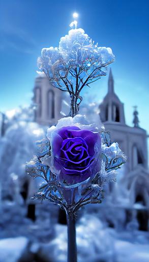 Epic composition,Tall crystal magic of the blue rose church garden, frozen blue rose bushes, frozen blue rose, Scattered Roses, Snow, Rose Trail, Blizzard style art station trends, Magical Light Mist, Tree Cloud, snow, winter, movies, tree clouds, crystals, ice everywhere, frozen,purple roses in ice, frozen blue roses, octane rendering, Ultra wide angle lens,surrealism, 8K, dusk, sunset, Volumetric light --ar 9:16 --upbeta