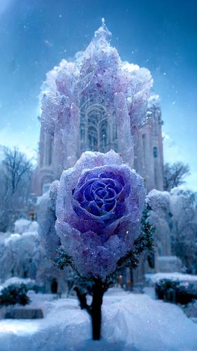 Epic composition,Tall crystal magic of the blue rose church garden, frozen blue rose bushes, frozen blue rose, Scattered Roses, Snow, Rose Trail, Blizzard style art station trends, Magical Light Mist, Tree Cloud, snow, winter, movies, tree clouds, crystals, ice everywhere, frozen,purple roses in ice, frozen blue roses, octane rendering, Ultra wide angle lens,surrealism, 8K, dusk, sunset, Volumetric light --ar 9:16