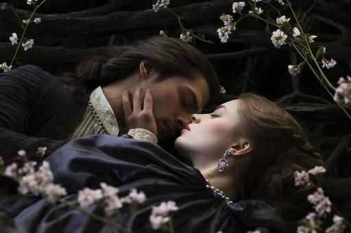 Epic movie still. forbidden lovers laying on basalt. cherry blossoms and apple wood --ar 3:2 --style raw --w 33