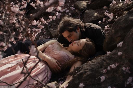 Epic movie still. forbidden lovers laying on basalt. cherry blossoms and apple wood --ar 3:2 --style raw --w 33