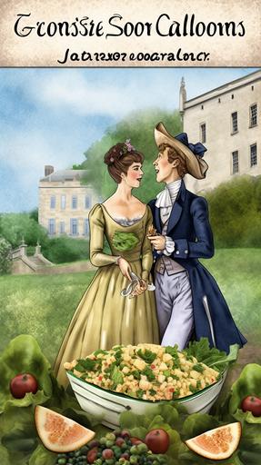 Epic salad romance novel, star-crossed croutons, forbidden fruit, blue cheese dressed passions. Jane Austen, vegetable melodrama, pun-filled prose, weaving classic romance, horticultural heartbreak, and witty wordplay --ar 9:16 --v 5