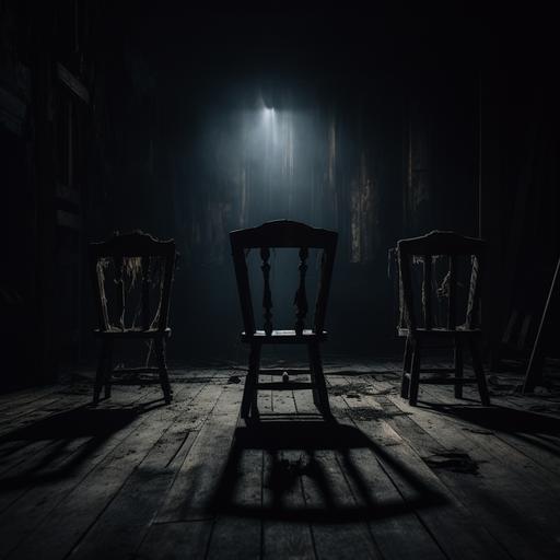 3 old rotten wooden chairs standing in line in a pitch black creepy room where the wallpapers are falling off, cinematic, horror, mysterious, hyper realistic