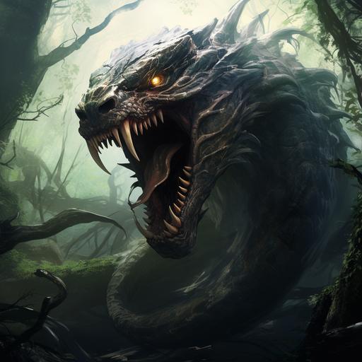 a gigantic scary looking snake in the distance hanging from a tree with its mouth wide open showing its fangs, mysterious ::ar 9:16