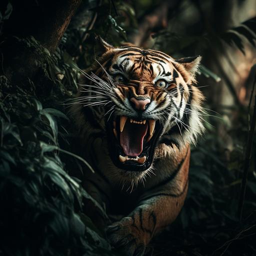 a huge scary looking tiger jumping from a jungle tree with its mouth wide open, cinematic, horror, mysterious, 35mm lens