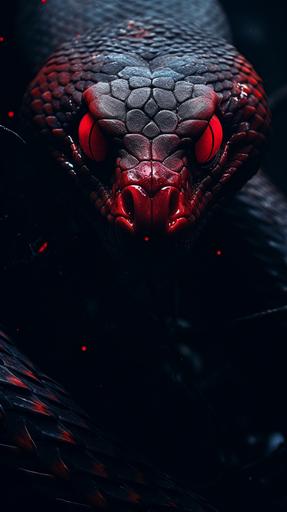 a scary looking scarlet snake with glowing red eyes, showing its teeth, cinematic, horror, mysterious, --ar 9:16