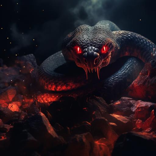 a scary scarlet snake with red glowing eyes in a pile of rocks spitting poison towards the viewer at night, cinematic, horror, mysterious, --ar 1:1