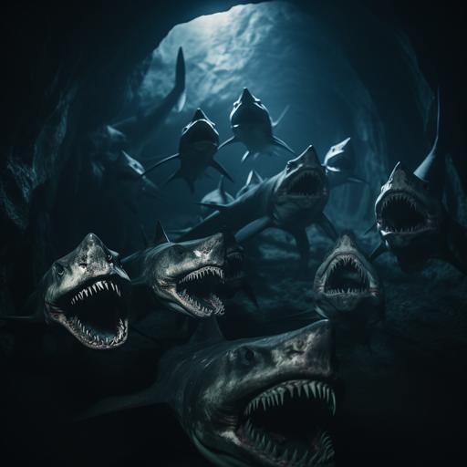 group of scary looking sharks in an underwater cave. Pitch black abyss of the mariana trench, cinematic, horror, mysterious, 35mm lens
