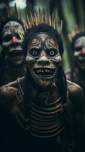 tribe of amazon warriors with scary masks on, big scary open mouths, clear facial features, cinematic, horror, 35mmm lens, f/1.8, accent lighting, global illumination --ar 9:16