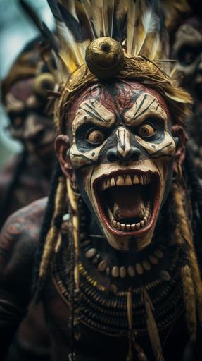 tribe of amazon warriors with scary masks on, big scary open mouths, clear facial features, cinematic, horror, 35mmm lens, f/1.8, accent lighting, global illumination --ar 9:16