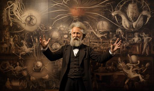 Ernst Haeckel heckling a stand-up comedian with a series of drawings, time-lapse motion blur nightclub photo --ar 5:3