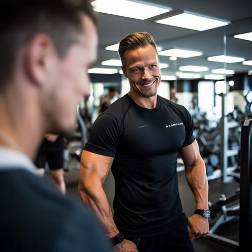 Erstelle mir ein Werbebild für eine Firma namens Body-gym. Es soll um darum gehen, dass man Bauchfett verliert mit Ihrem Programm. Das Bild soll ein Eye Catcher sein. Man soll darauf einen Personal Trainer sehen der eine Frau trainiert. ::