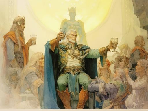 Esad Ribic, Gustave Moreau, Moebius, Jakub Rozalski, Alan Lee, Brom, Frazetta, highly detailed watercolor and pencil outlined drawing, spring colors vibes, astonishing eternal and handsome elven male with golden hair and high stature, portrait of king of elves raising a toast to the viewer, the elf king wears a sea green and ocher colored tunic enhanced with fine golden embroidery which draws complex interlacings, the elf king wears a crown of multicolored flowers and leaves which bring touches of bright colors, a banquet in an arboreal environment, with a smile that exudes the joy of living, Deep ancient mystical forest of Lothlórien, giant ivory trees with golden leaves, middle earth, a natural mystical atmosphere floats in the air --stylize 250 --weird 7 --chaos 1 --v 5.1 --ar 4:3