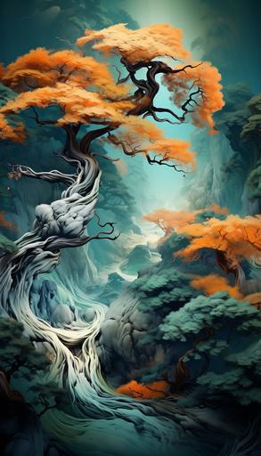 Ethereal sequoia, in the style of dark cyan and orange, ethereal fantasy, twisted imagination, oshare kei, jean cocteau, impressive panoramas, yalini --ar 4:7