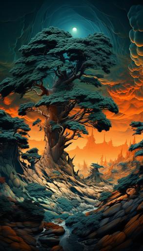 Ethereal sequoia, in the style of dark cyan and orange, ethereal fantasy, twisted imagination, oshare kei, jean cocteau, impressive panoramas, yalini --ar 4:7