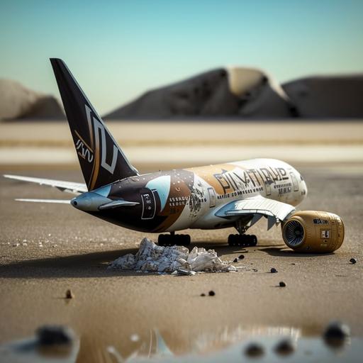 Etihad airways Boeing b787 facing front, taxiing in with crushed soda can in foreground realistic style