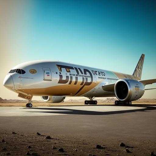 Etihad airways Boeing b787 facing front, taxiing in with crushed soda can in foreground realistic style