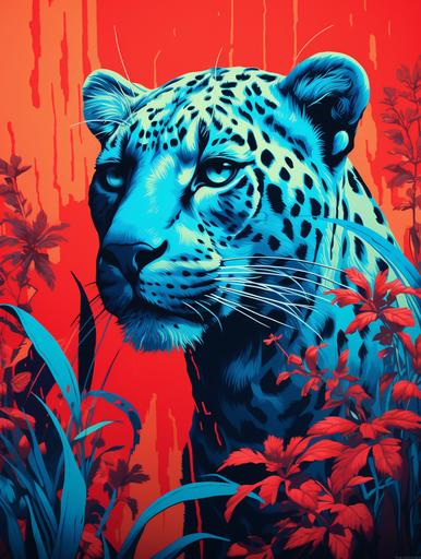 Etruscan Princess Hyper detailed cheetah risograph, realism, imagination, RGB separated colors, light art style, contrasting colors red, green and blue, artistic overlay style --ar 3:4