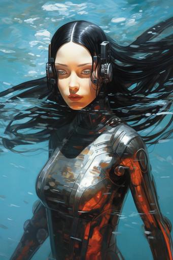Etruscan female android humanoid swimmer with long glossy black hair pooled around her, alex ross + ross tran + tran nguyen + hajime sorayama --ar 2:3