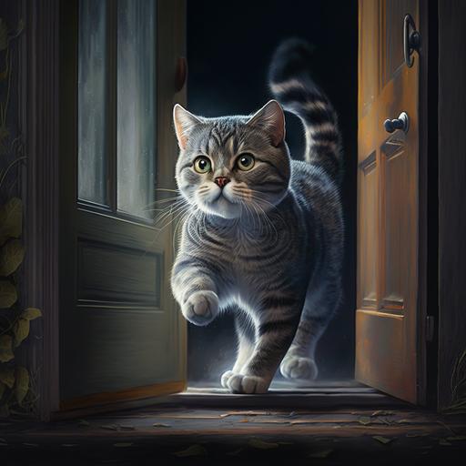 European Shorthair cat escapes through front door in the night