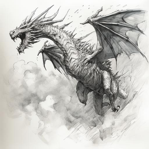 European dragon flying vertically up in the air. the style of Marvel comics Black and white ink sketch