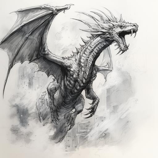 European dragon flying vertically up in the air. the style of Marvel comics Black and white ink sketch