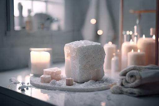 extremely detailed, Large luxury White bathroom, white candle, Himalayan salt chunks, soft white towels, white tiles, nature, contemporary, on 35mm,long lens,cinematic,8k --ar 3:2