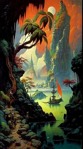 spectacular idyllic amazing exotic alien world cliffside paradise fantasy village :: beautiful pond with small fishing boat :: amazing landscape, Watercolor painting, 1970s fantasy sci-fi art style, surreal, vibrant, beautiful, epic, hyperdetailed, scenic --ar 9:16 --c 69 --s 400