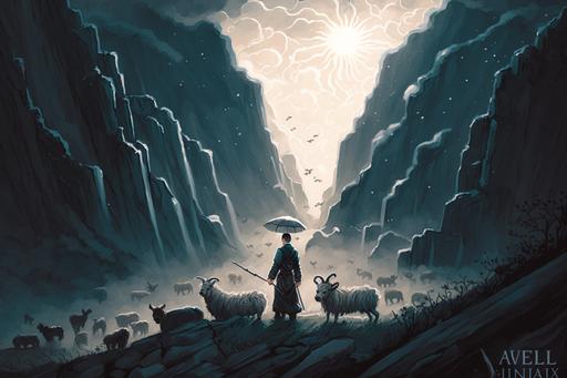 Even though I walk through the valley of the shadow of death, I will fear no evil, for you are with me; Zhangjiajie, a shepherd leading his flock of sheep through a dark valley, bright crepuscular rays shining through storm clouds, fantasy, whimsical, cute, illustration, ink, watercolor, James C. Christensen, Amy Sol, David Merriam, Jacek Yarka –-chaos 50 ::2 text, letters, words, verses, antlers, horns ::-.2 --ar 3:2