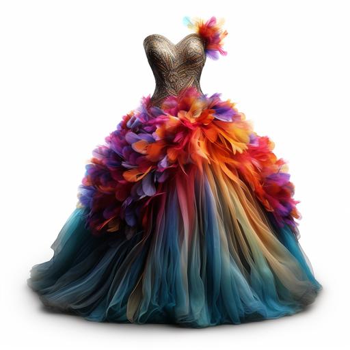 Evening dress, colorful, many stones, fancy, 1 feather and a large fabric flower on it, an elegant evening dress, realistic, high resolution, 2000x2000 pixels