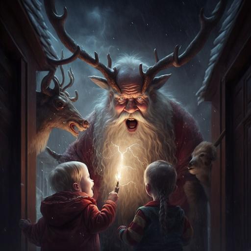 Evil Santa Distributing bad gifts to children, dark, snowfall, scary, lightnings, mutant deer