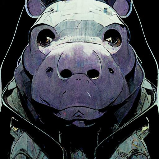 Evil cartoon  hippo character hooded drawn by yoji shinkawa in futuristic background cinematic highly detailed