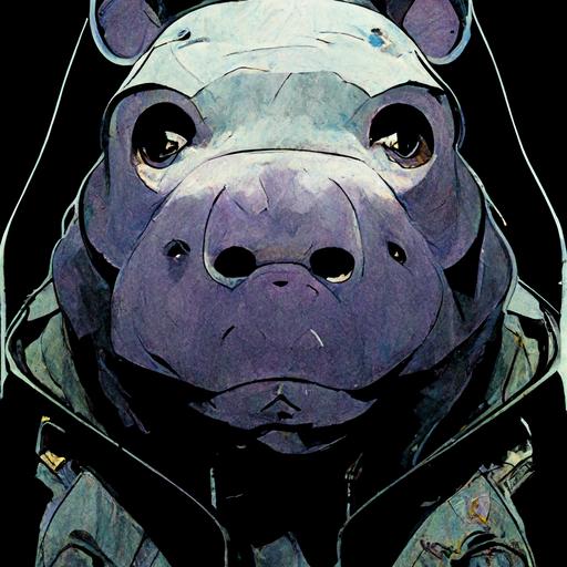 Evil cartoon  hippo character hooded drawn by yoji shinkawa in futuristic background cinematic highly detailed