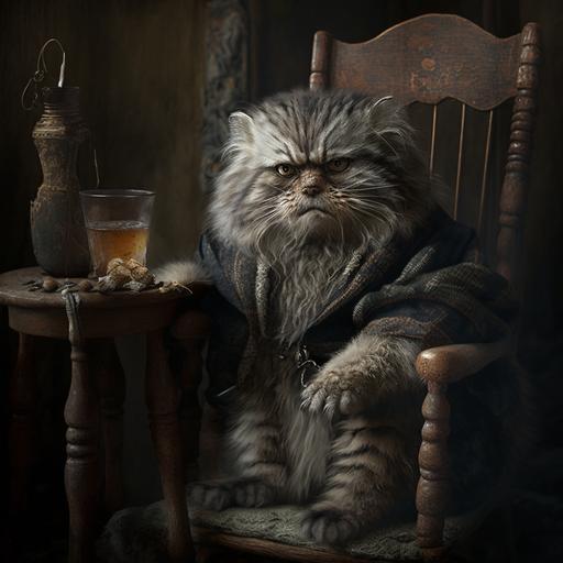 Evil looking pallas cat sit in a rocking chair like an old man. A warm blanket is on his knees. In his paws is a glass of brandy with ice. Behind is a fireplace.