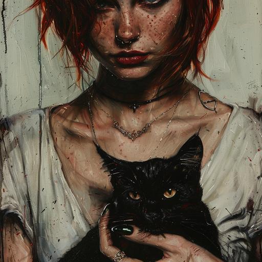 Evil woman petting a black cat. Black neckless. Dark green nails. silver rings on her hands. Red short hair. White V neck tshirt with black ink stains. Oil paiting. Gilgamesh. --v 6.0