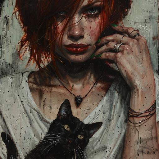 Evil woman petting a black cat. Black neckless. Dark green nails. silver rings on her hands. Red short hair. White V neck tshirt with black ink stains. Oil paiting. Gilgamesh. --v 6.0