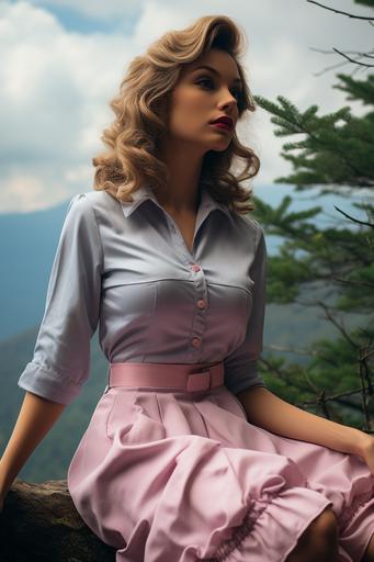 Evocative and romantic high end fashion photoshoot for Marie Claire is the exciting new style APPALACHIAN VAPORWAVE. A young woman looks wistfully past us while wearing a blue gingham dress with puffy sleeves. Her hair is made up of dark, large buns that look like storm clouds. This image evokes the feelings of the mountains and a daring clash between the early and late 20th century.:: Appalachian vaporwave --ar 2:3 --s 500