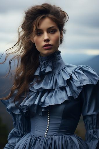 Evocative and romantic high end fashion photoshoot for Marie Claire is the exciting new style APPALACHIAN VAPORWAVE. A young woman looks wistfully past us while wearing a blue gingham dress with puffy sleeves. Her hair is made up of dark, large buns that look like storm clouds. This image evokes the feelings of the mountains and a daring clash between the early and late 20th century. --ar 2:3 --s 500