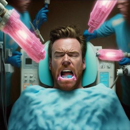 Ewan Mcgregor, hyper realistic, 3d, dressed as Obi Ean Kenobi, laying back in a dentist chair, at the dentist, with mouth wide open, surgeons with blue gloved hands are operating with pink lightsabers