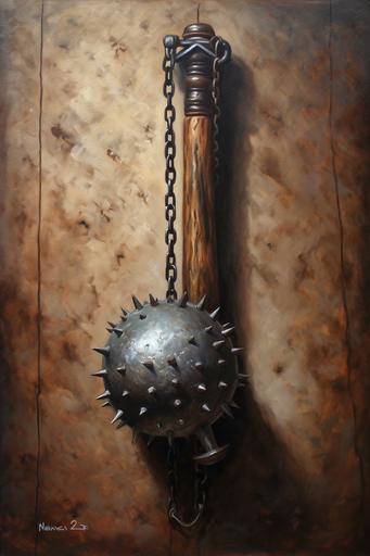 Exaggerated realism oil painting of an ancient Roman gladiator's weapon: the wooden stick attached by chain to a spiked ball. The weapon is leaning against a dirty wall. The weapon has been used in many battles. The metal of the spiked ball and chain is tarnished. The spiked ball is 6
