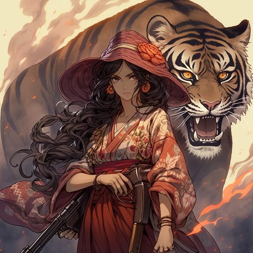 Exceptionally beautiful Japanese Oni woman as geisha and a gunslinger in old western settings, wearing a tiger furred kimono with the mixture of cave, old west, and American elements. Coming from a Japanese and old western background, she is an extremely beautiful gorgeous cowgirl gunslinger geisha wife. Fate anime series. --q 2 --niji 5