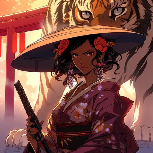 Exceptionally beautiful Japanese Oni woman as geisha and a gunslinger in old western settings, wearing a tiger furred kimono with the mixture of cave, old west, and American elements. Coming from a Japanese and old western background, she is an extremely beautiful gorgeous cowgirl gunslinger geisha wife. Fate anime series. --q 2 --niji 5