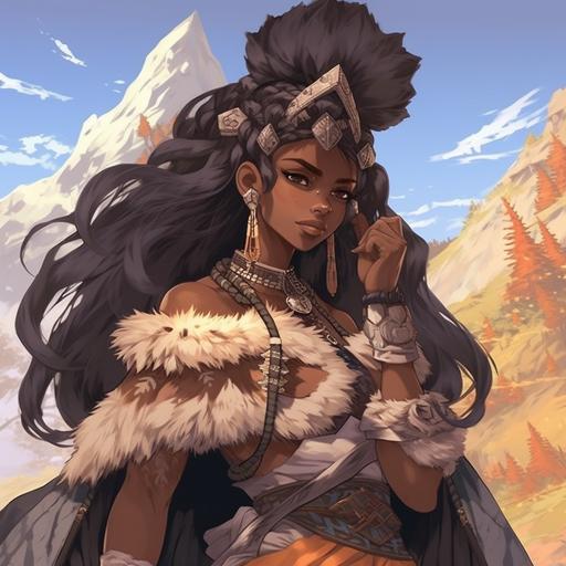 Exceptionally beautiful and holy Zipporah the Kenite from the Bible as a mature hairy dark woman queen forest wilderness settings, body covered in fur ivory jewelry with the mixture of cave, mountain, and mystic elements. Coming from an primal mountainous background, she is a beautiful gorgeous hairy nomad woman. Fate anime series.--q 2--niji 5