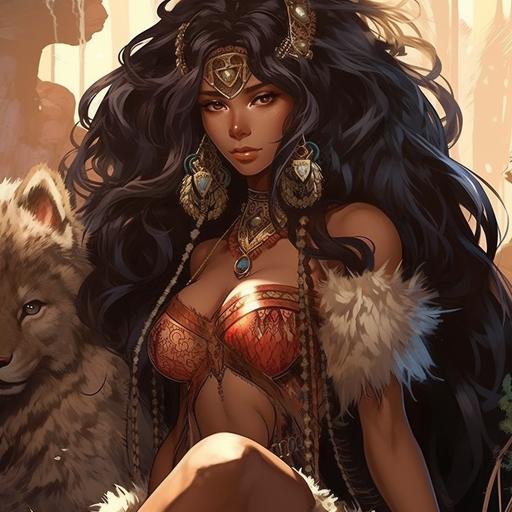 Exceptionally beautiful and holy Zipporah the Kenite from the Bible as a mature hairy dark woman queen forest wilderness settings, body covered in fur ivory jewelry with the mixture of cave, mountain, and mystic elements. Coming from an primal mountainous background, she is a beautiful gorgeous hairy nomad woman. Fate anime series.--q 2--niji 5