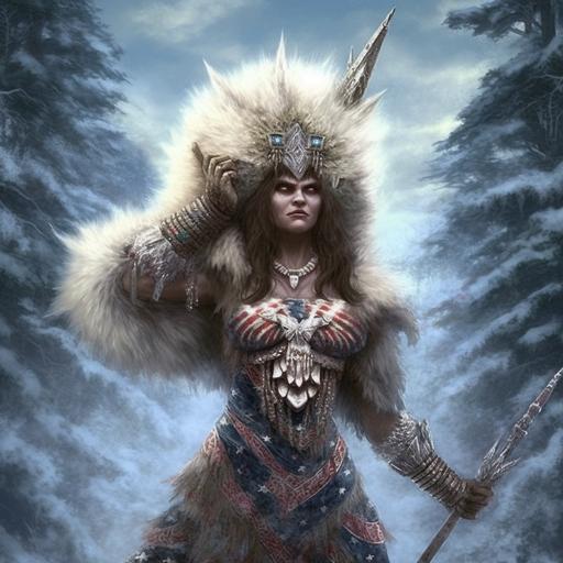 Exceptionally beautiful and patriotic Lady Liberty from the Bible as a sasquatch hairy ape woman in Americn forest wilderness settings, body covered in white fur ivory jewelry with the mixture of cave, forest, and American elements. Coming from an primal American background, she is a beautiful gorgeous hairy wife. Fate anime series